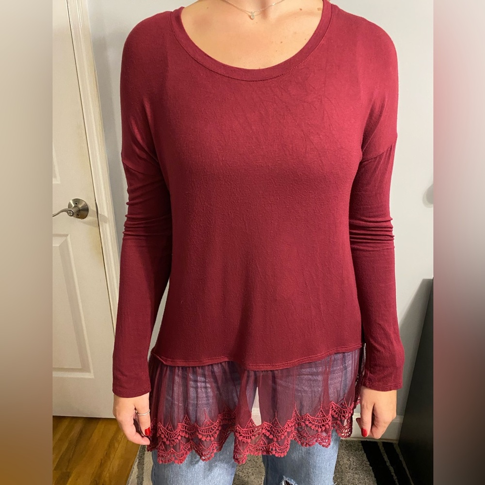 JodiFL Cranberry Tunic Long Sleeve Lace Trim - So pretty!